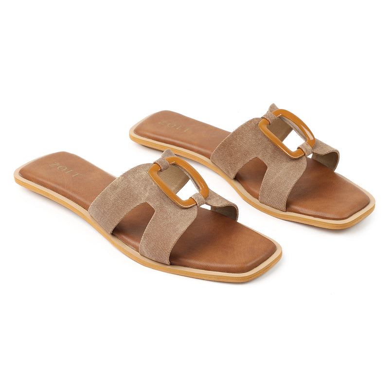 ZOLT Flats: Leather Slide Sandals with Wooden Buckle - ZF-9896