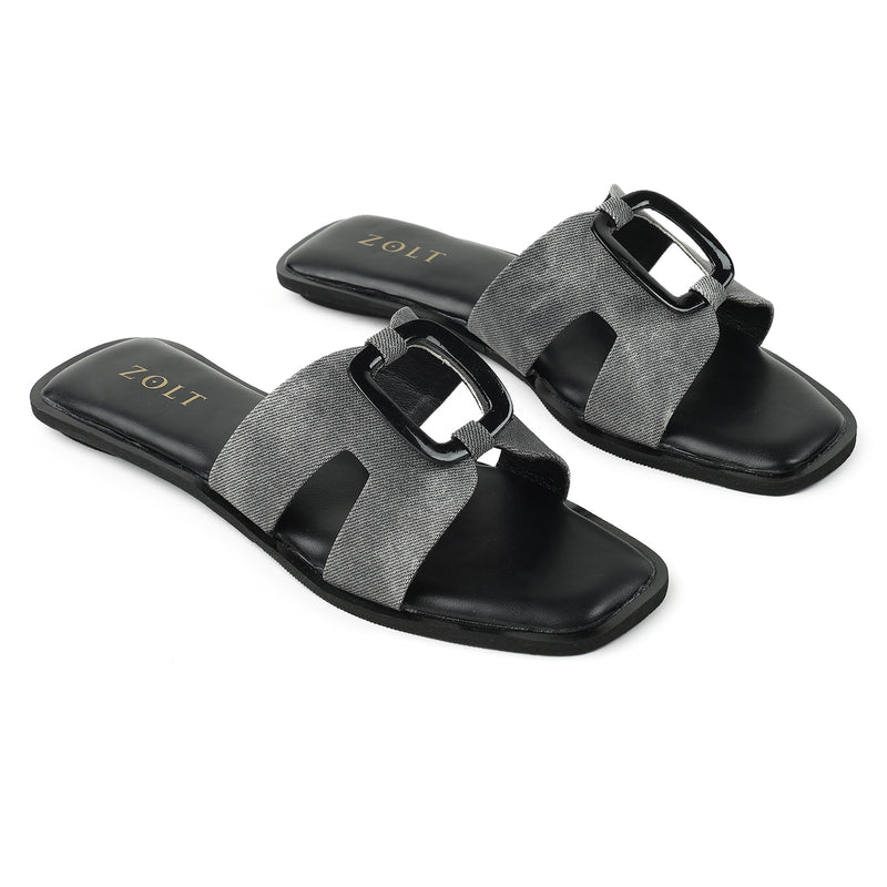 ZOLT Flats: Leather Slide Sandals with Wooden Buckle - ZF-9896