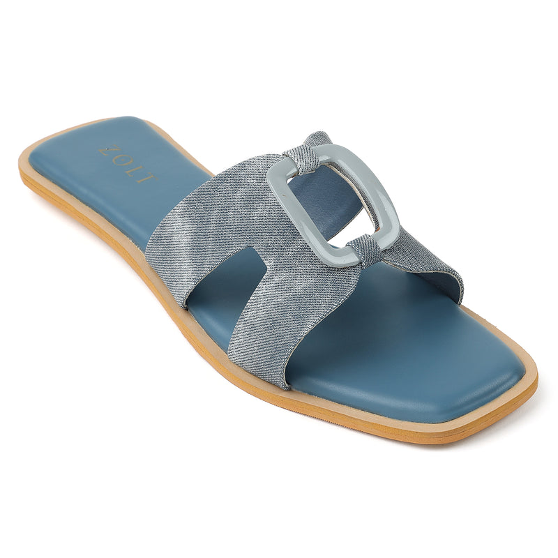 ZOLT Flats: Leather Slide Sandals with Wooden Buckle - ZF-9896