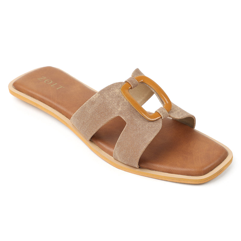 ZOLT Flats: Leather Slide Sandals with Wooden Buckle - ZF-9896