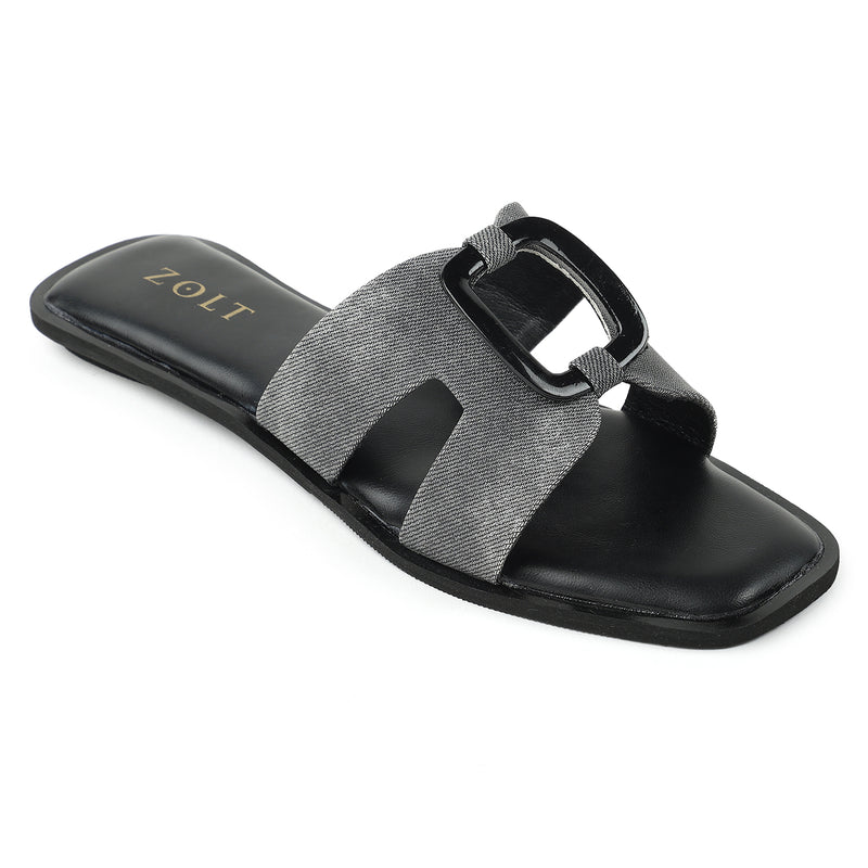 ZOLT Flats: Leather Slide Sandals with Wooden Buckle - ZF-9896