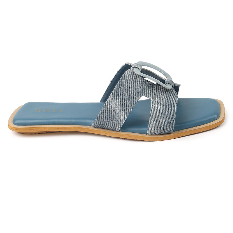 ZOLT Flats: Leather Slide Sandals with Wooden Buckle - ZF-9896