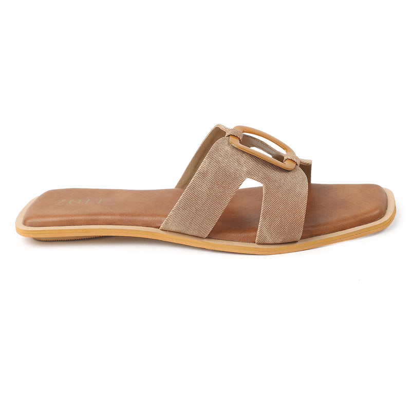 ZOLT Flats: Leather Slide Sandals with Wooden Buckle - ZF-9896