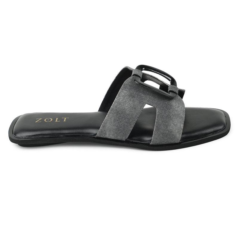 ZOLT Flats: Leather Slide Sandals with Wooden Buckle - ZF-9896