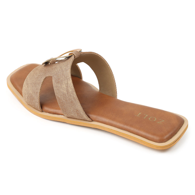 ZOLT Flats: Leather Slide Sandals with Wooden Buckle - ZF-9896