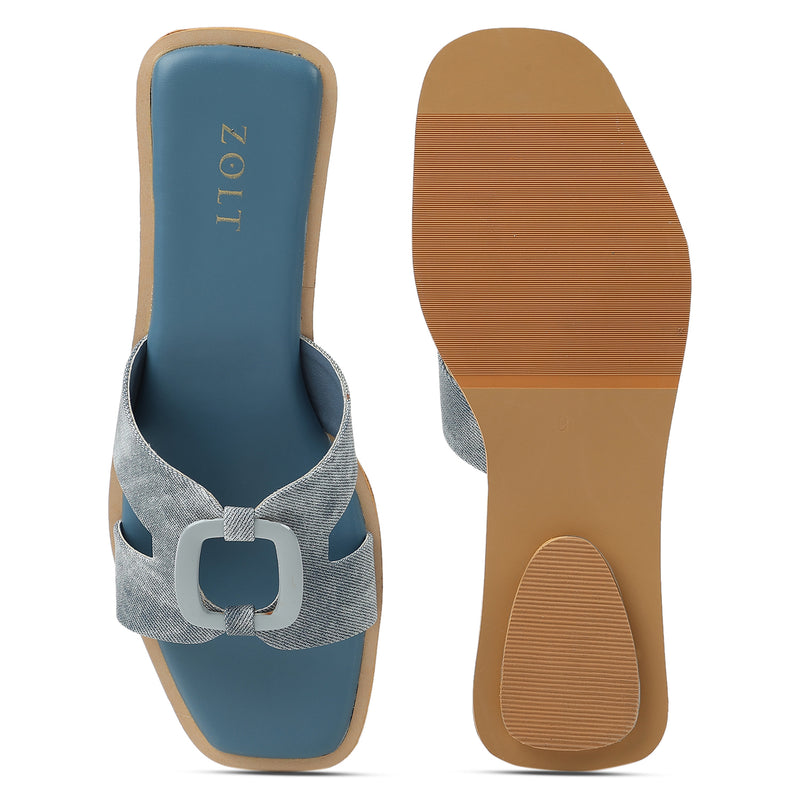 ZOLT Flats: Leather Slide Sandals with Wooden Buckle - ZF-9896