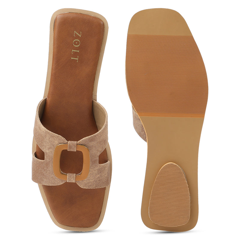 ZOLT Flats: Leather Slide Sandals with Wooden Buckle - ZF-9896